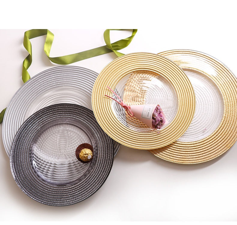 Bulk Glass Charger Plates with Golden Edge Texture for Western Food Plate Steak Salad Dessert Dinner Plates Wholesale