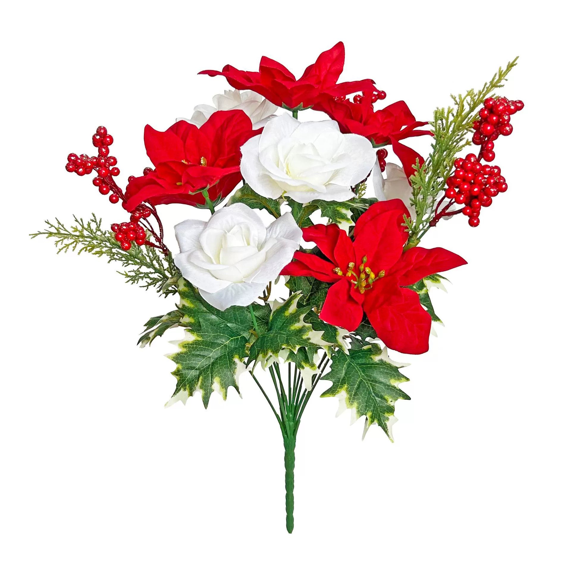 16.9 Inches 12-Heads Christmas Artificial Flowers - Poinsettia, Velvet White Roses & Pine Needles | Festive Holiday Decor for Home, Mantel, Tabletop & Xmas Tree