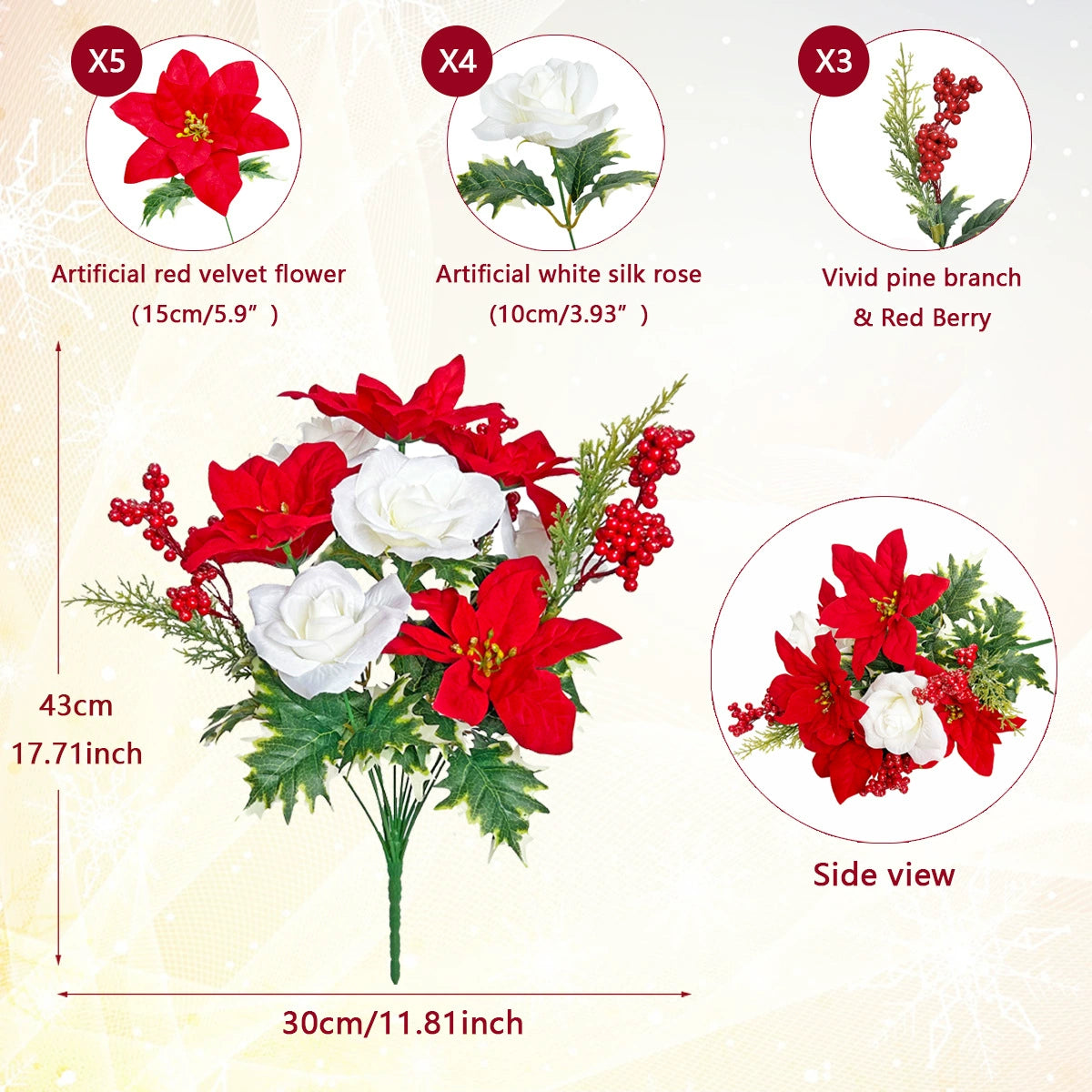 16.9 Inches 12-Heads Christmas Artificial Flowers - Poinsettia, Velvet White Roses & Pine Needles | Festive Holiday Decor for Home, Mantel, Tabletop & Xmas Tree