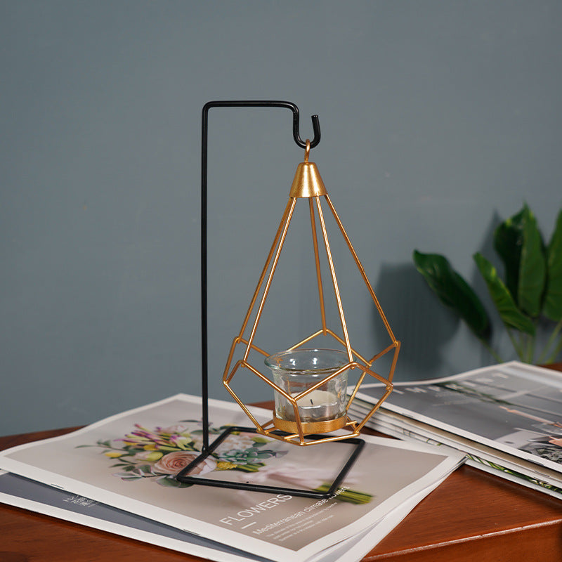 Bulk Irregular Candle Holder with Hanging Geometric Basket Tall Black Iron Stand Candlestick for Tabletop Centerpiece Wholesale