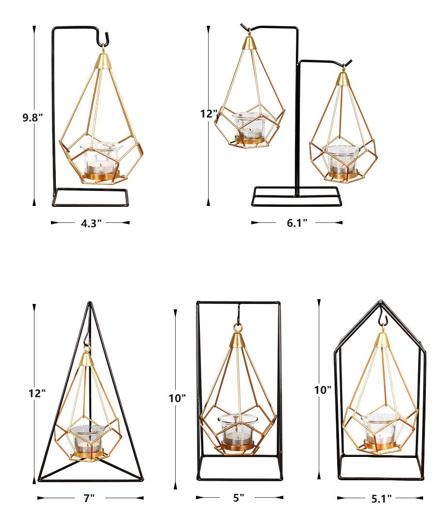 Bulk Irregular Candle Holder with Hanging Geometric Basket Tall Black Iron Stand Candlestick for Tabletop Centerpiece Wholesale