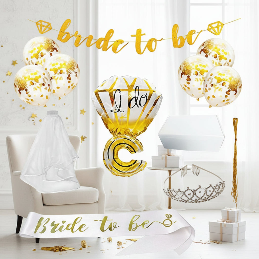 Bachelorette Party 6-Piece Gold Decor Kit - Bride to Be Sash Tiara & Balloons Set