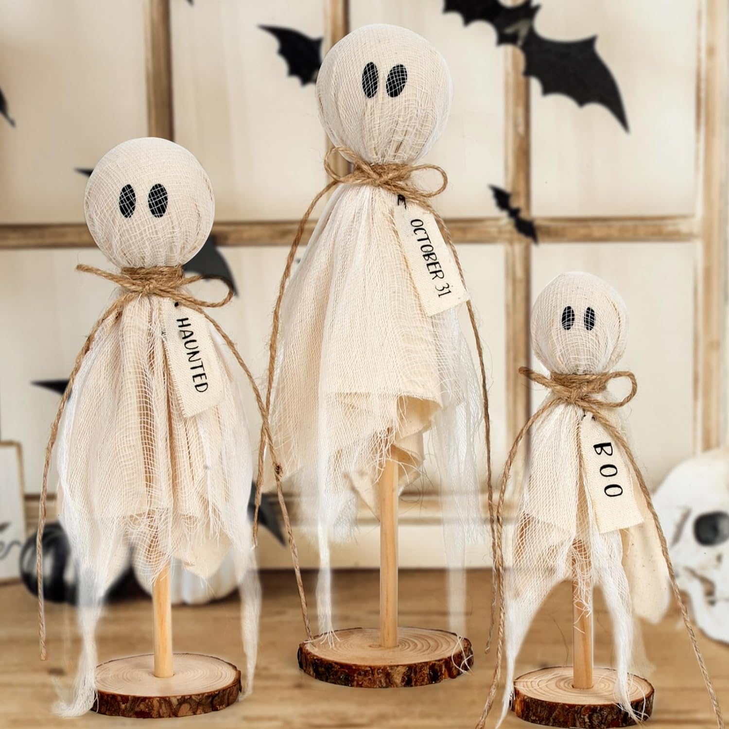 Bulk 3 Pcs Halloween Wooden Ghost Decorations Table Centerpieces for Shelves Fireplaces Spooky Halloween Decor Wholesale