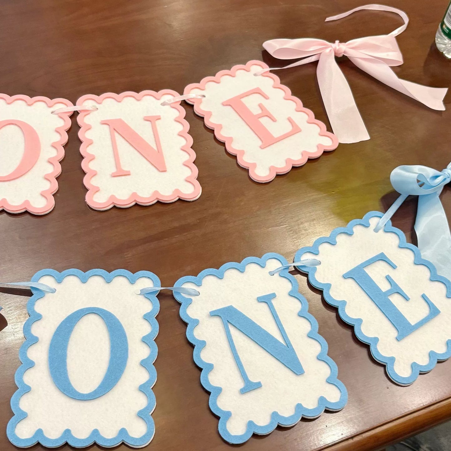 1st Birthday "ONE" Banner with Bows - Pink & Blue Felt Party Decor for High Chair & Backdrop