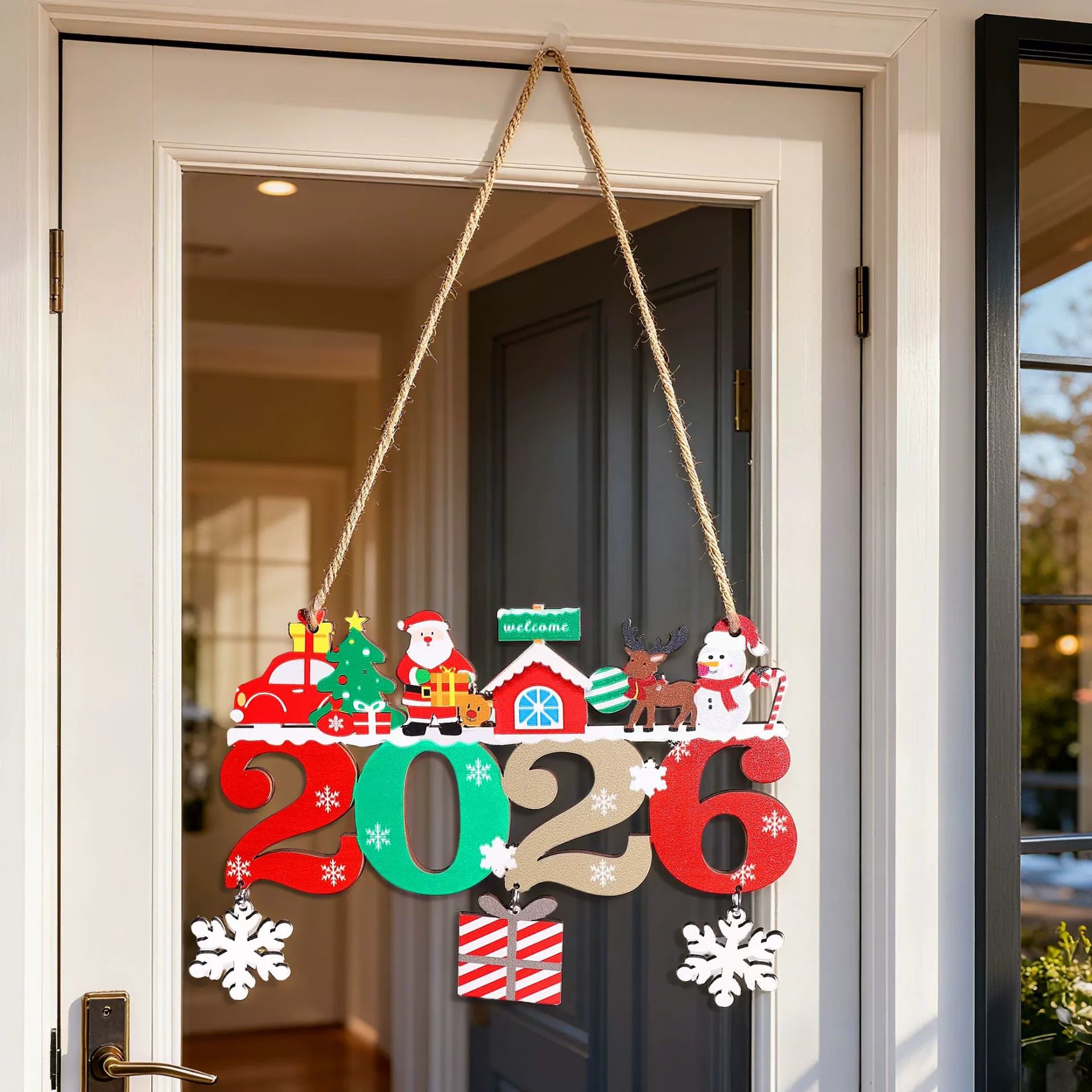 2026 Christmas Wooden Hanging Sign, Cartoon Snowflake & Reindeer Ornament for Tree Decoration & Holiday Party