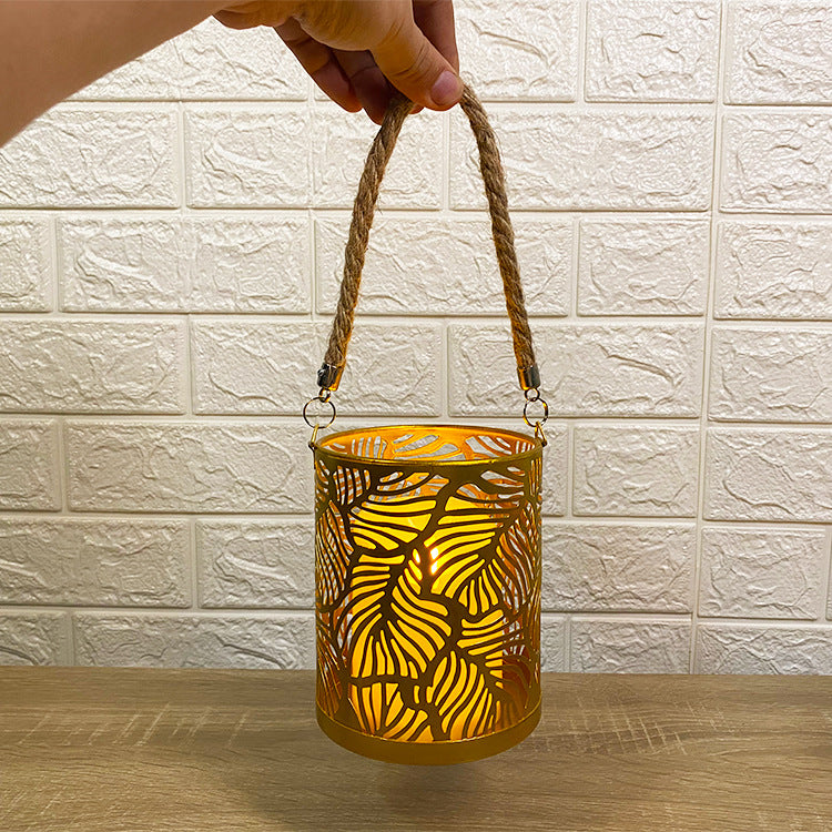 Bulk Hollow-out Leaf Hanging Candlestick with Rope Vintage Metal Candle Holder Ornaments for Home Indoor Outdoor Decor Wholesale