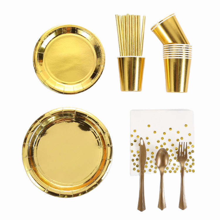 Bulk 50 Pcs Gold Disposable Dinnerware Set Paper Plates Paper Cups Paper Napkin Knife Fork Spoon Party Supplies Wholesale