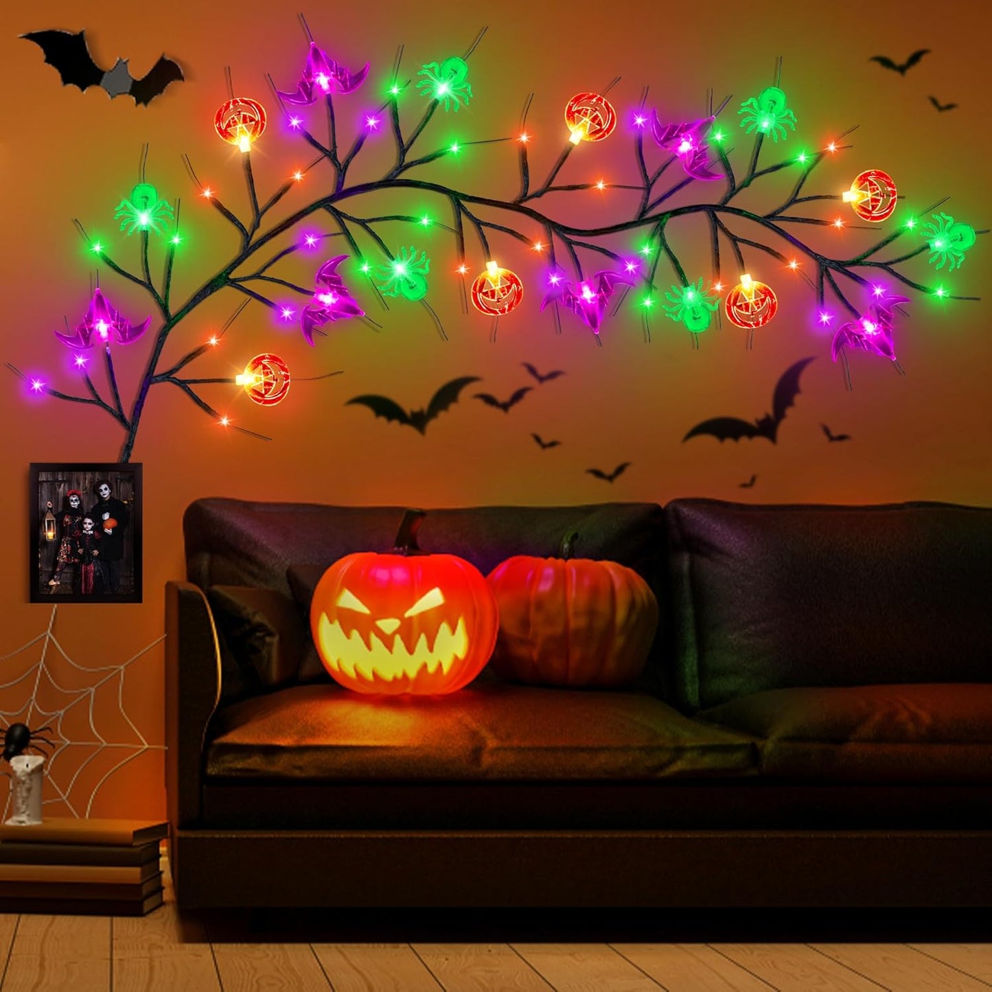 Bulk 6FT Halloween Willow Vine with 54 LED Lights Pumpkin Bat Spider Garland 8 Modes Battery Powered Indoor/Outdoor Decor Wholesale