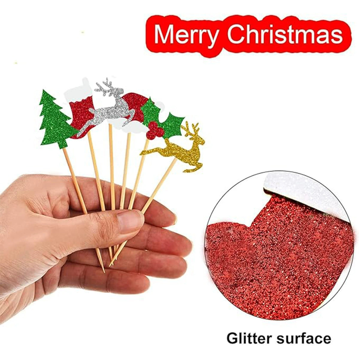 24PCS Christmas Cake Toppers - Glittery Reindeer, Tree, Stocking & Santa Hat Picks for Holiday Baking & Party Decor