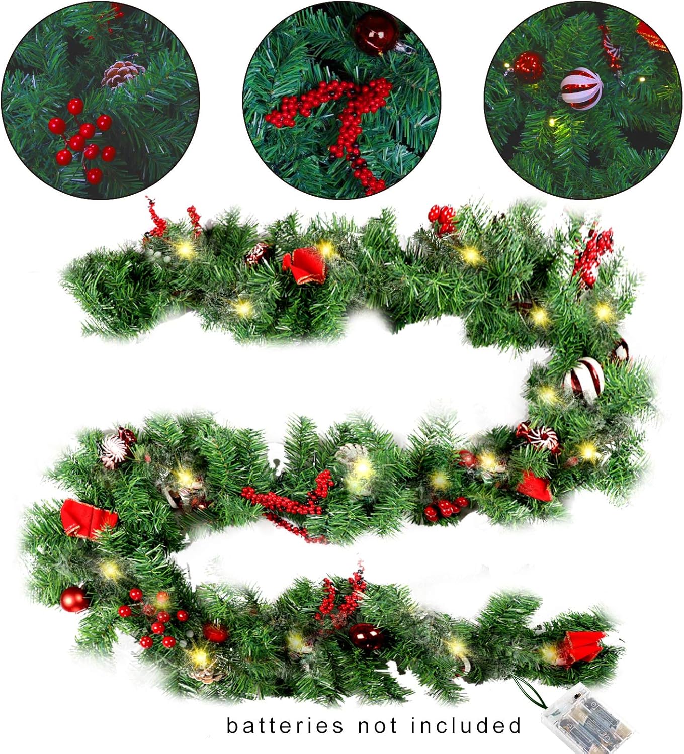 Bulk 71" 106" LED Christmas Garland with Pinecones Red Berries Bows Christmas Balls Candies for Holiday Door Wall Fireplace Decor Wholesale