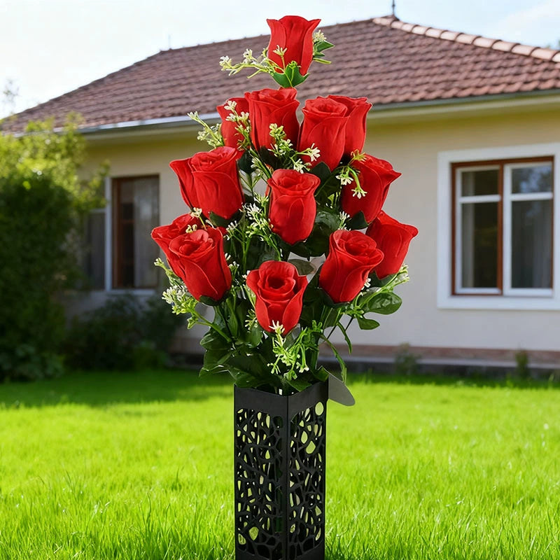 36-Stem Red Rose Cemetery Flowers with Ground Stake - Memorial Grave Decor
