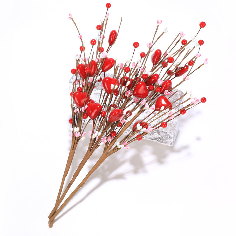 Bulk 3Pcs Red Heart Berry Stems Artificial Valentine’s Day Flowers for Home Office Table Decor Wholesale