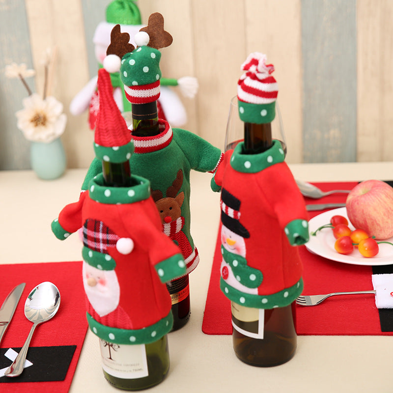 Christmas Embroidery Cartoon Wine Bottle Cover 3 Styles - Santa/Snowman/Deer Holiday Table Decoration (1 Set = Bottle Dress + Hat)