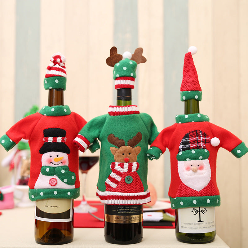 Christmas Embroidery Cartoon Wine Bottle Cover 3 Styles - Santa/Snowman/Deer Holiday Table Decoration (1 Set = Bottle Dress + Hat)