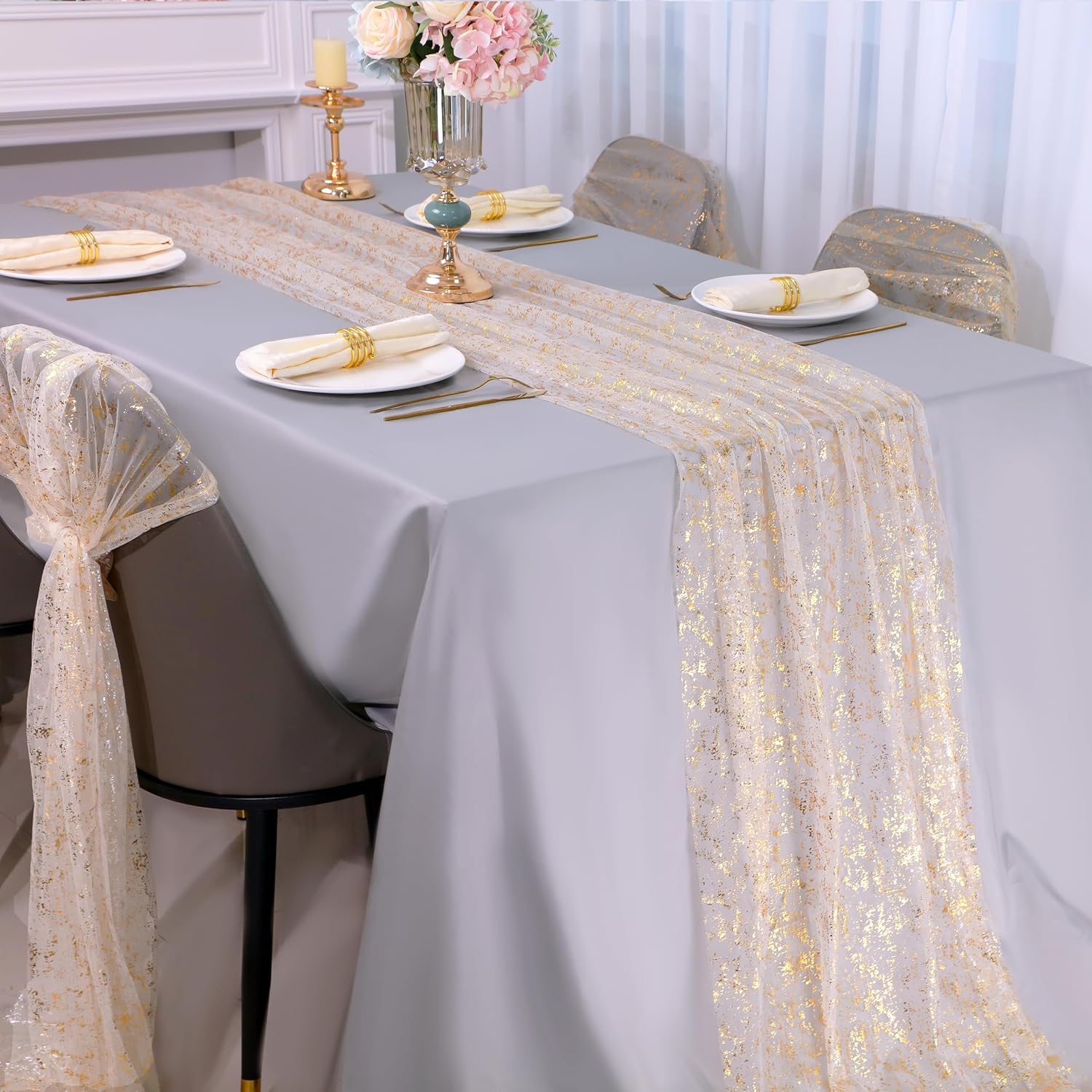 Bulk 13Ft Gold Table Runner Sequin Glitter Sheer Chiffon Cheesecloth with Metallic Foil for Wedding Birthday Baby Shower Party Decorations Wholesale