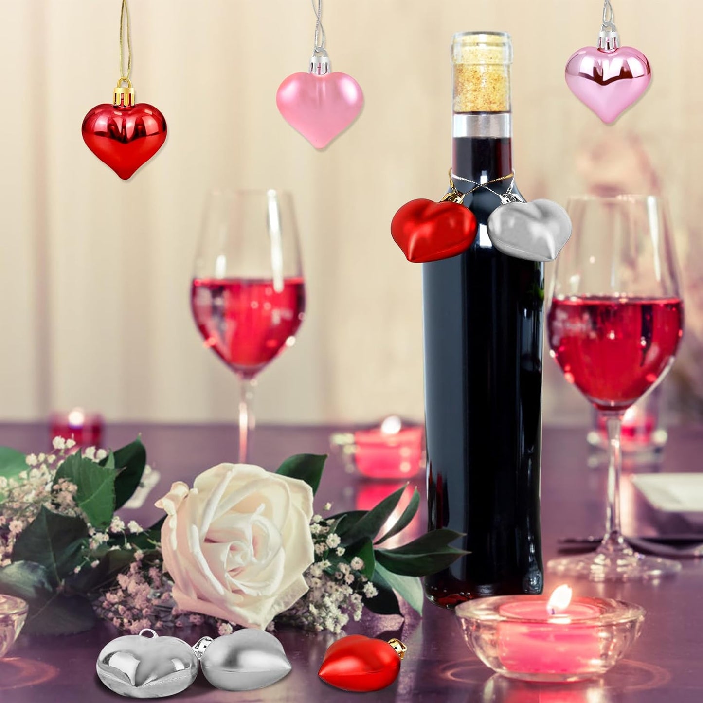 Bulk 36Pcs Valentine's Day Heart Shaped Ornaments Red Pink Silver Glitter Hanging Decorations Wholesale