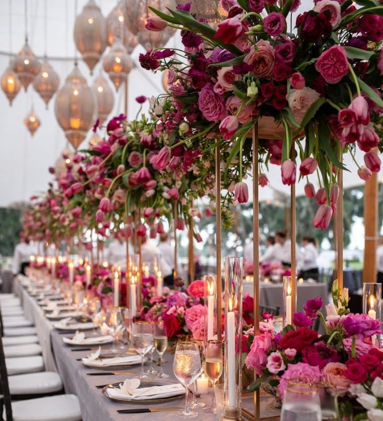 Bulk Set of 4 Gold and White Column Vases Metal Flower Stands for Table Centerpieces Wedding Party and Floral Arrangements Wholesale