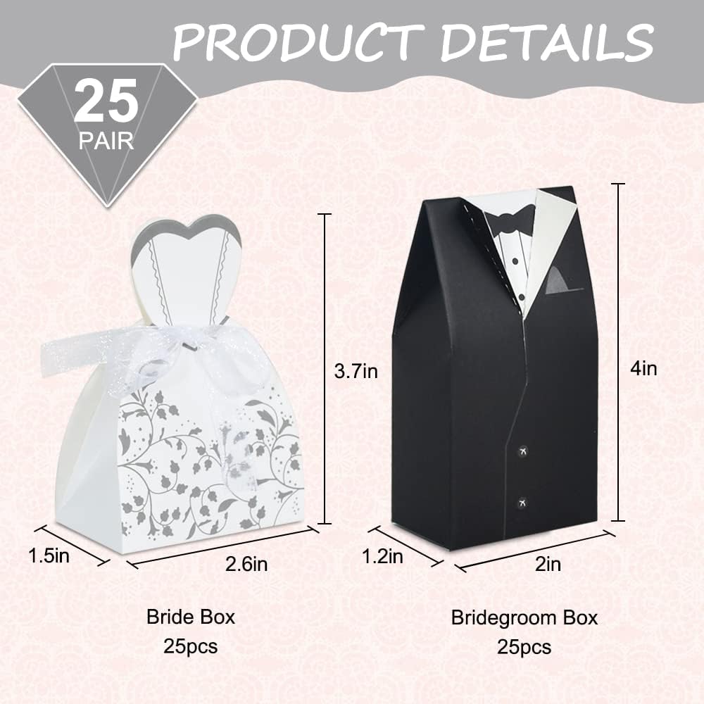 Bulk 50 Pcs Bride & Groom Wedding Party Favor Boxes Set Elegant Dress & Tuxedo Themed Candy Gift Boxes for Bridal Showers Receptions Party Decor Wholesale