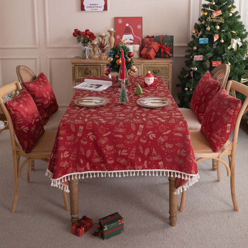 Bulk Red Printed Polyester Tablecloth with Tassels Washable, Dust-Resistant Rectangle Table Cover for Christmas and New Year Decorations Wholesale