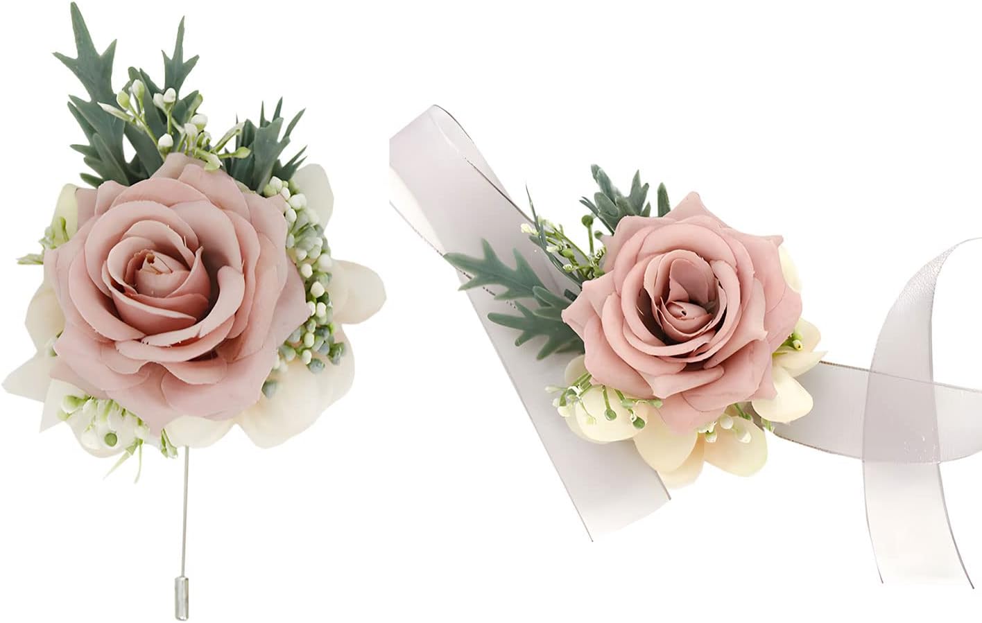 Bulk Dusty Pink Artificial Rose Wrist Corsage and Boutonniere Set for Wedding Prom Party Wholesale