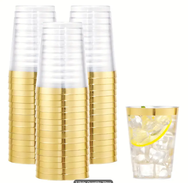 Bulk 25 Pcs Clear Gold Rim Plastic Wine Glasses Banquet Party Wholesale
