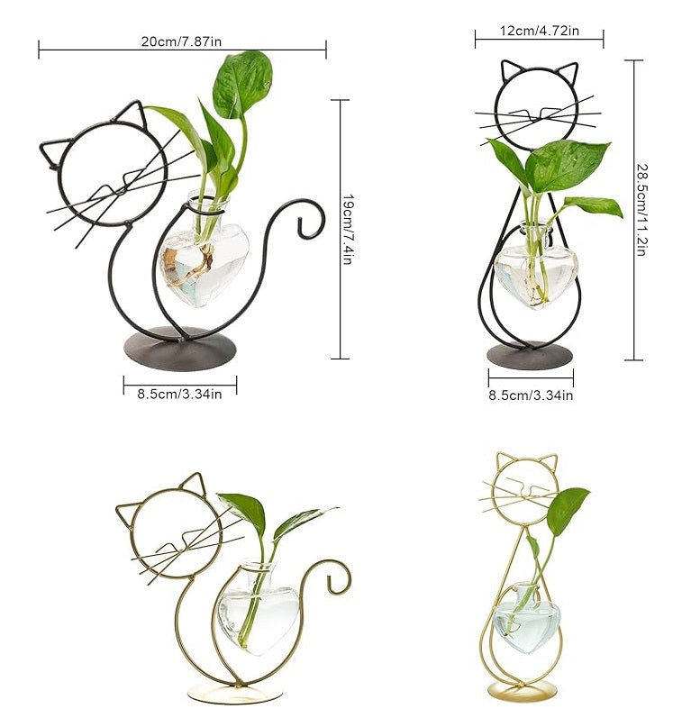 Bulk 1pc Heart-shape Glass Vase with Cat Shape Metal Stand for Home Garden Wedding Decoration Home Decor Wholesale