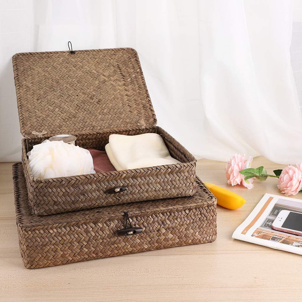Premium Handwoven Seagrass Storage Bins with Dual-Lid Natural Fiber Organizers for Living Room Bedroom Shelf Décor