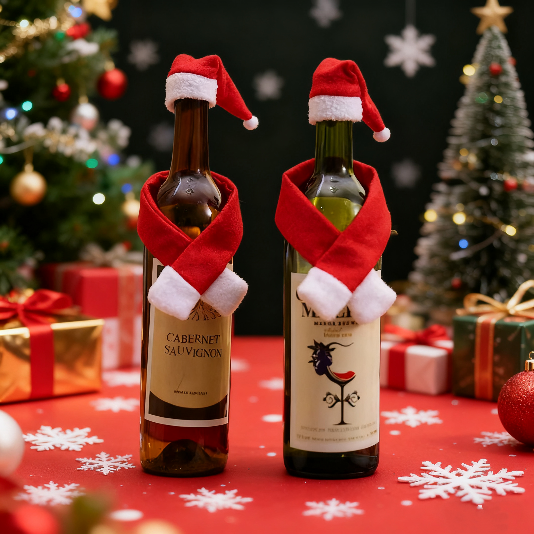 Christmas Wine Bottle Decor - Creative Non-Woven Scarf & Hat Set Festive Table Decoration