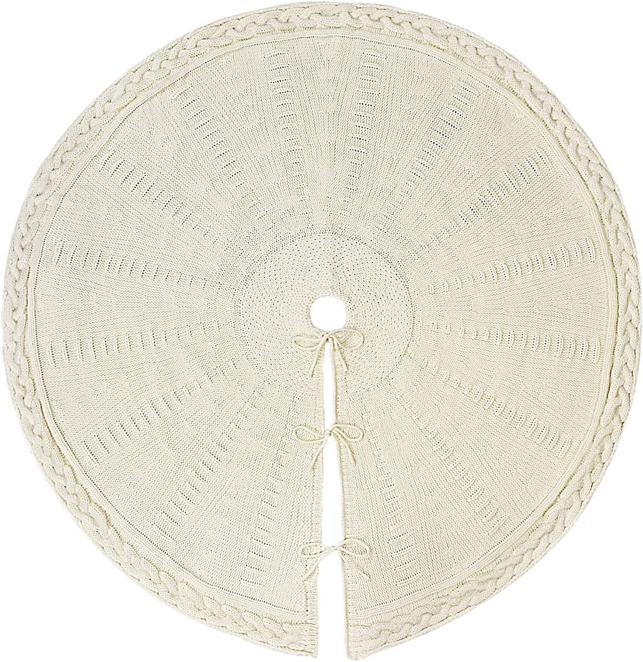 Bulk 48 Inch Knitted Christmas Tree Skirt Cream White Braided Cable Knit for Xmas Tree Holiday Party Home Decor Wholesale