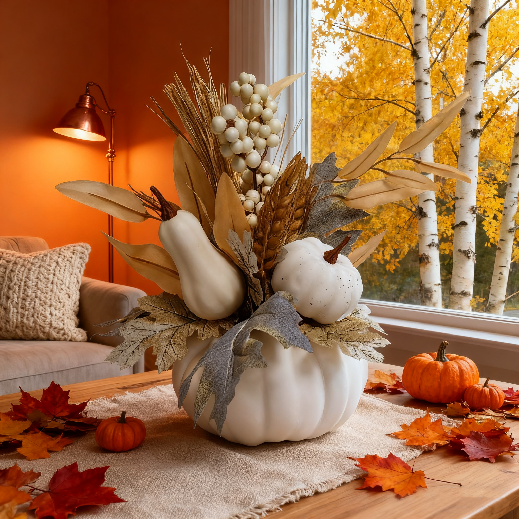 Halloween Thanksgiving Fall Harvest Maple Leaf & Berry String Pumpkin Pot - Home Decor Accent