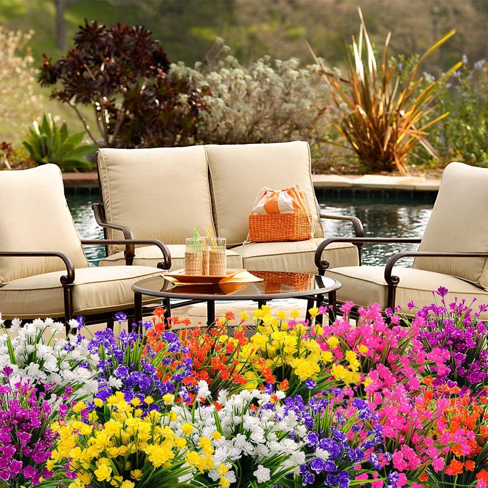 Premium UV Resistant Artificial Flowers 10 Bundles Fake Plants for Outdoor Porch Patio Garden Hanging Planter Decor