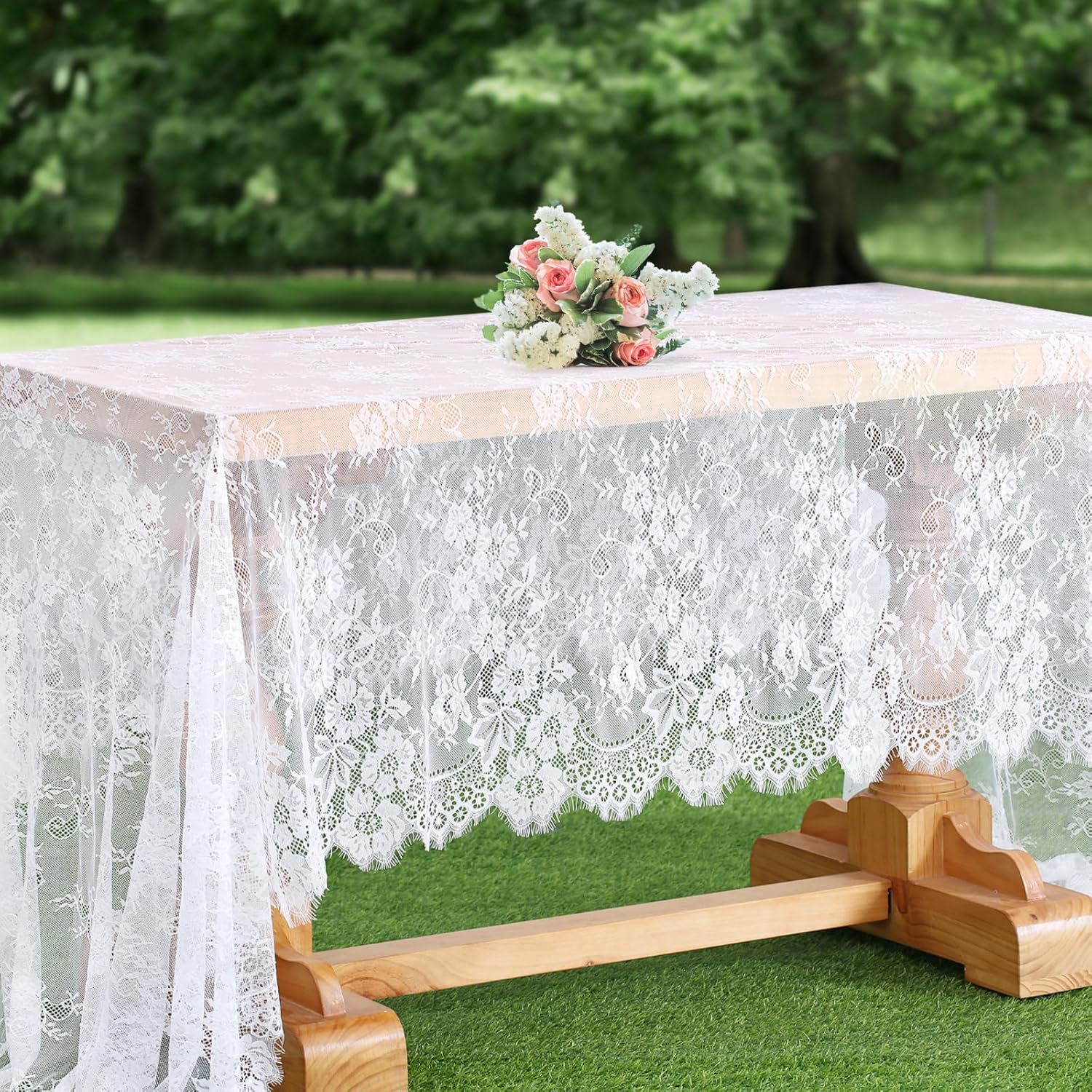 Premium White Lace Tablecloth Hand Embroidered Farmhouse Wedding Décor Eco Friendly Outdoor Bridal Reception Home Photo Staging