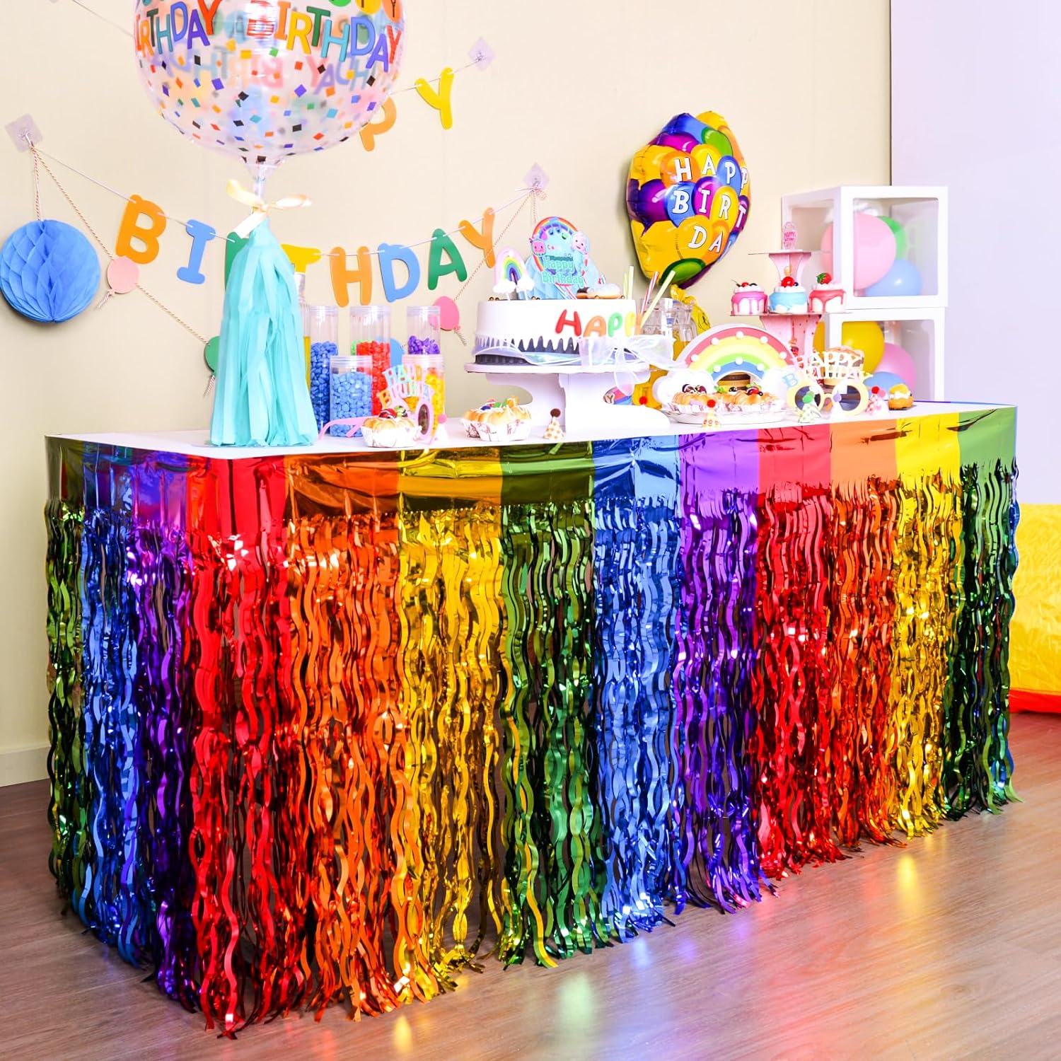 Bulk Gold Wave Fringe Table Skirt Ideal for Diverse Party Themes Especially Engagements and Cartoon Themes Wholesale