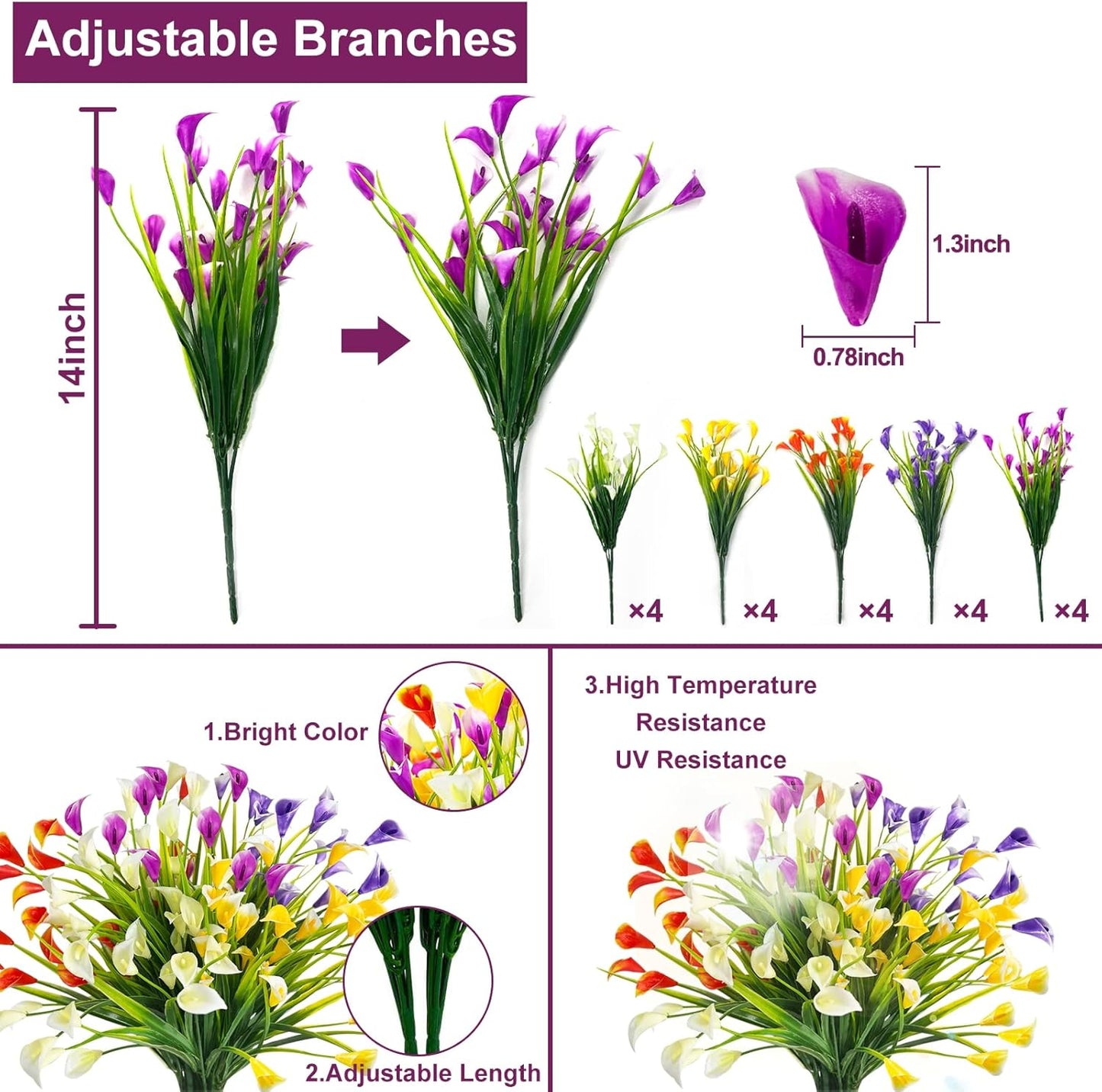 Premium 20pcs UV Resistant Calla Lily Silk Flowers 500 Heads Faux Plants Outdoor Cemetery Porch Garden Indoor Planter Arrangements