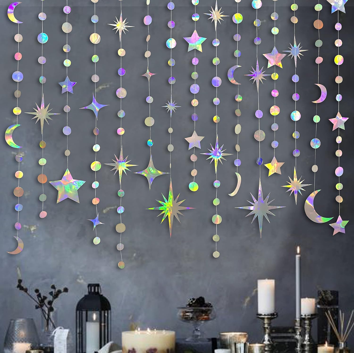 Bulk Neon Star Moon Circle Dot Garland Backdrop Streamers Sparkling Party Decoration Kit Suitable for Children's First Birthday Ramadan Eid al-Fitr Baby Shower Wedding Decor Wholesale