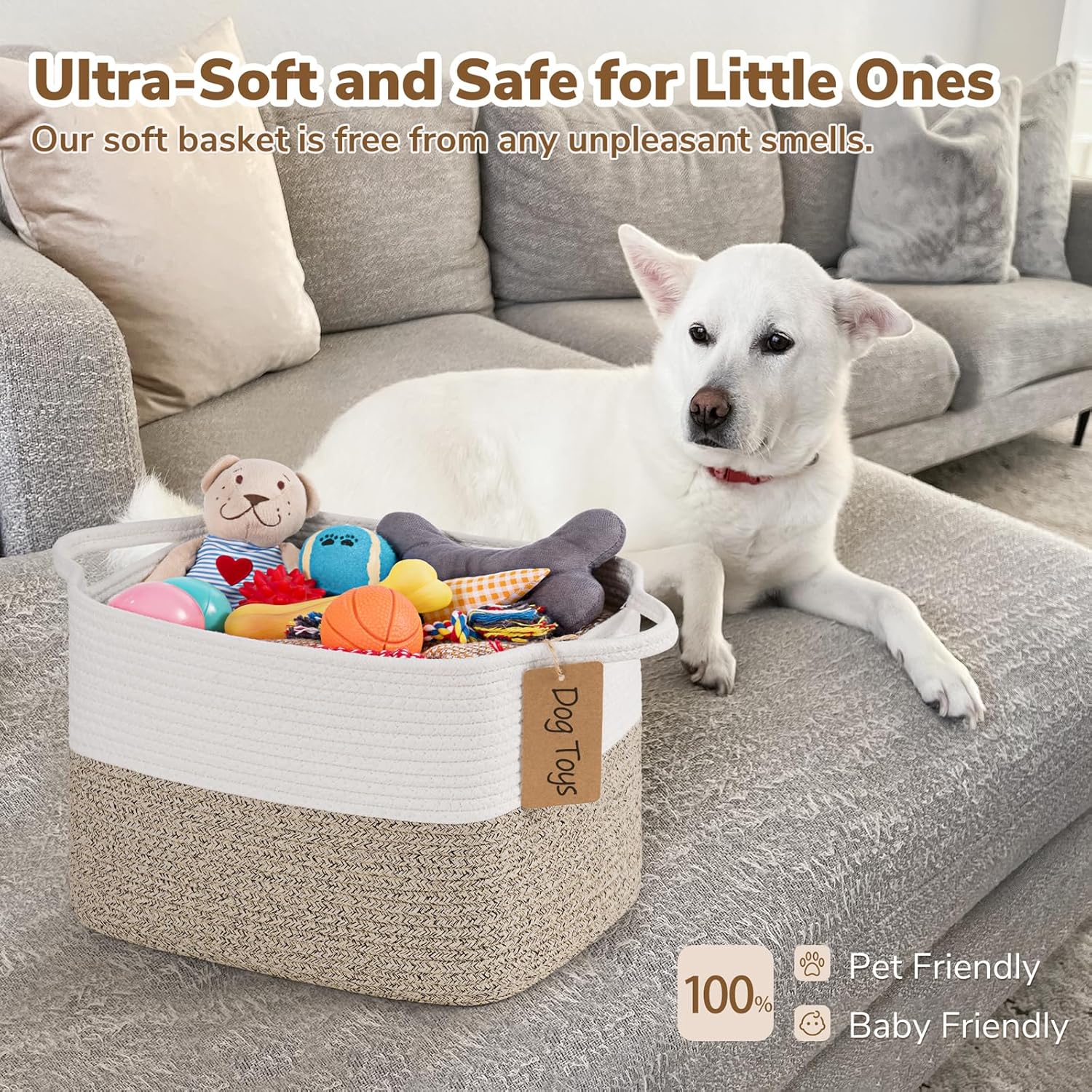 Premium Handwoven Cotton Basket Multi Purpose Storage Organizer for Dog Toys Living Room Nursery & Home Décor