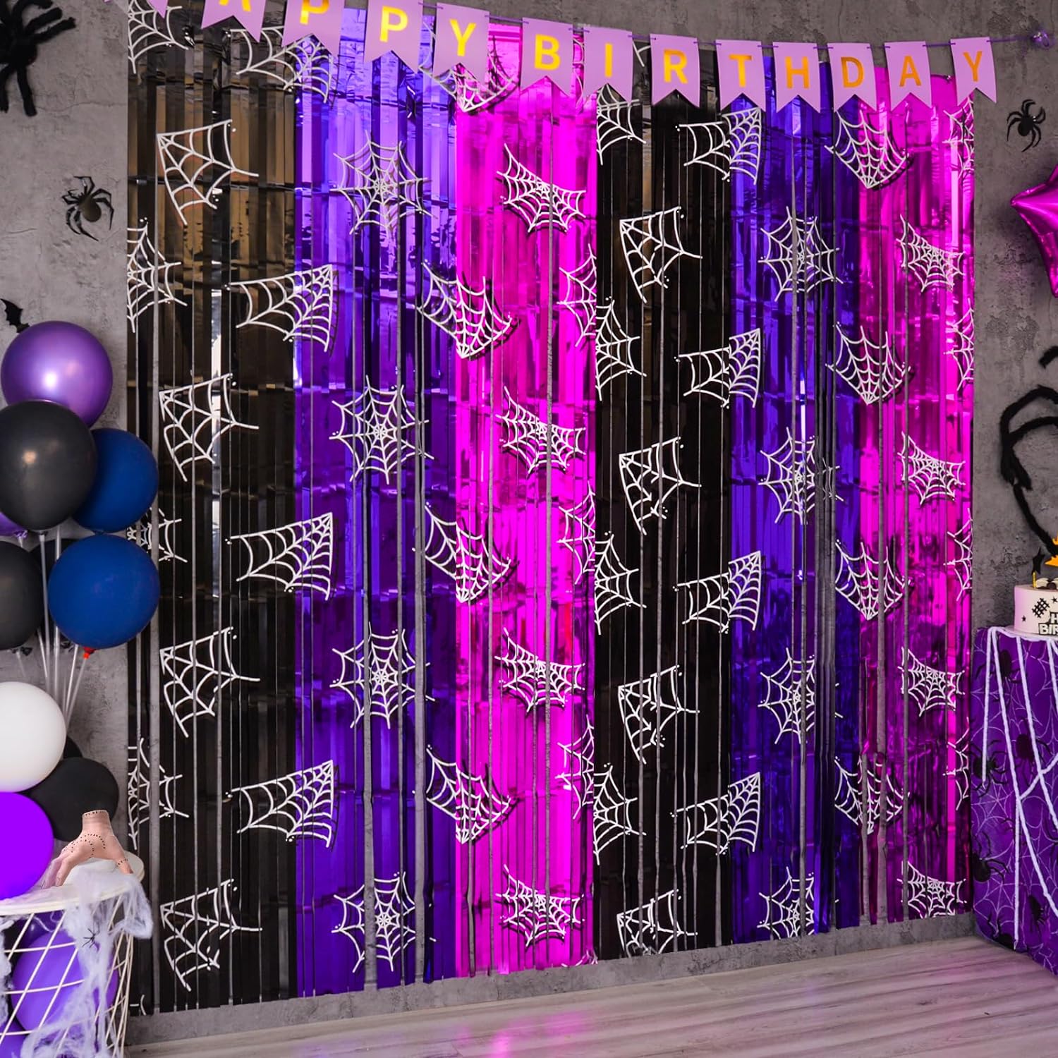 Bulk 2 Pcs Spider Web Party Decor 3.3x6.6ft Tinsel Foil Fringe Curtains Red Black Blue Photo Booth Backdrop for Boys' Birthday Wholesale