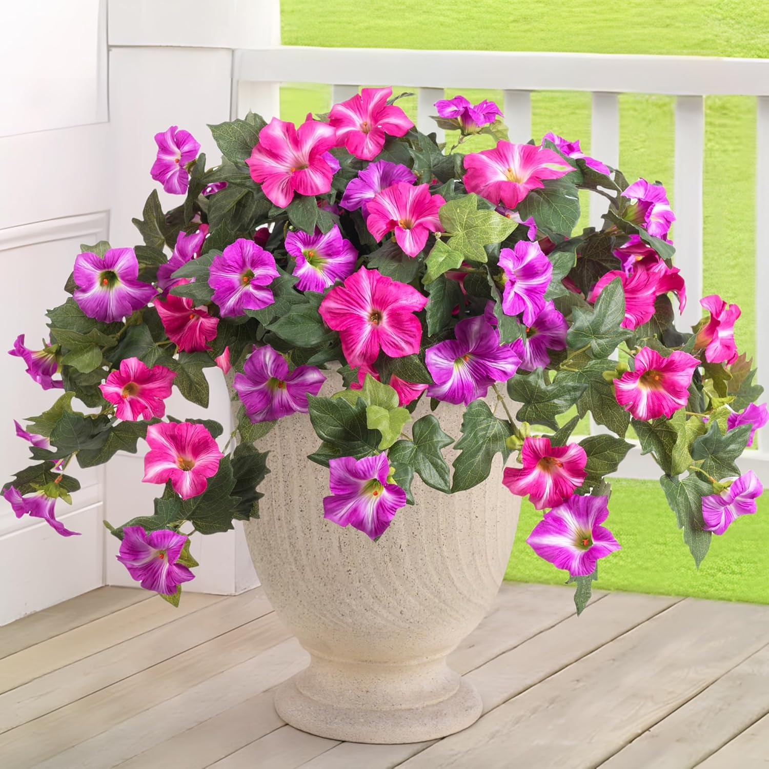 Premium Artificial Petunias with UV-Resistant Flowers - 2 Fade-Proof Faux Plants for Outdoor Porch Garden Balcony & Patio Decor