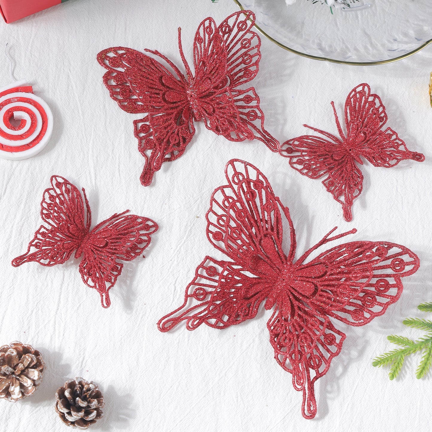 9-Piece 3D Glitter Double-Layer Hollow Butterfly Christmas Decor Set (3 Sizes) + 9 Clips