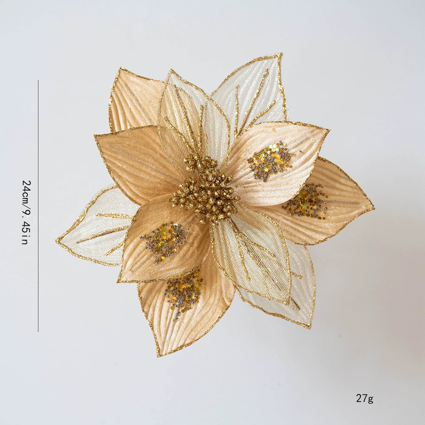 9.84 Inches Glittery Poinsettia Christmas Tree Ornaments - Gold & Pink Faux Velvet & Mesh Flowers