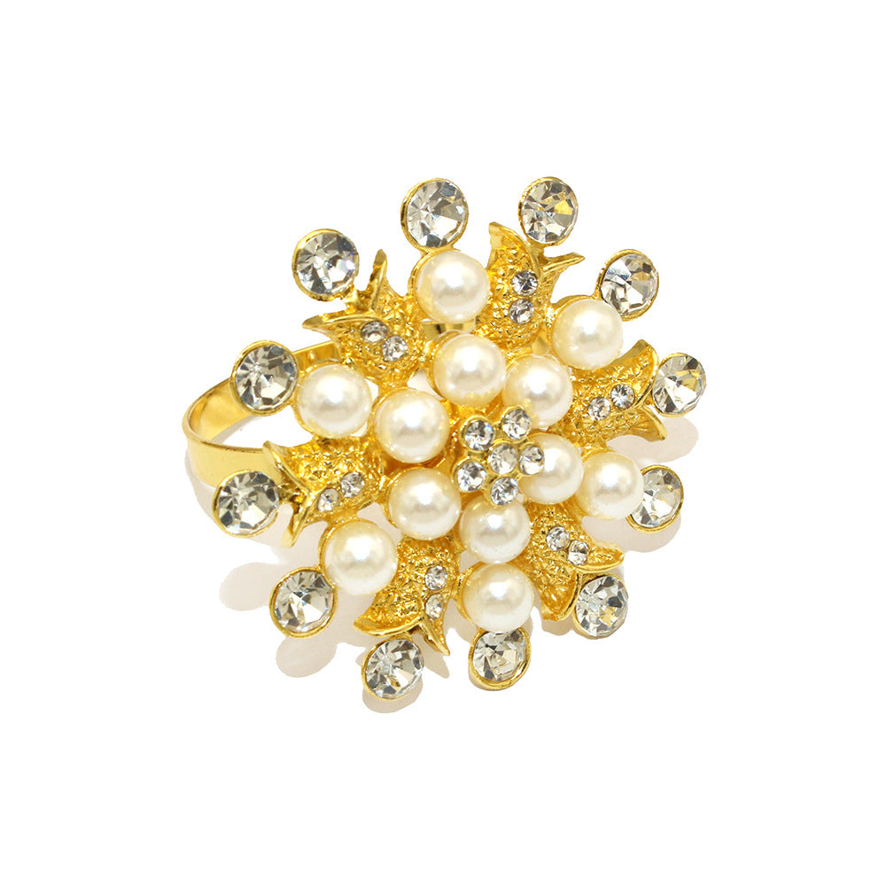 Bulk 12 Pcs Gold Napkin Rings Flower Pearl Rhinestone Napkin Holders for Wedding Party Home and Dining Table Decor Wholesale