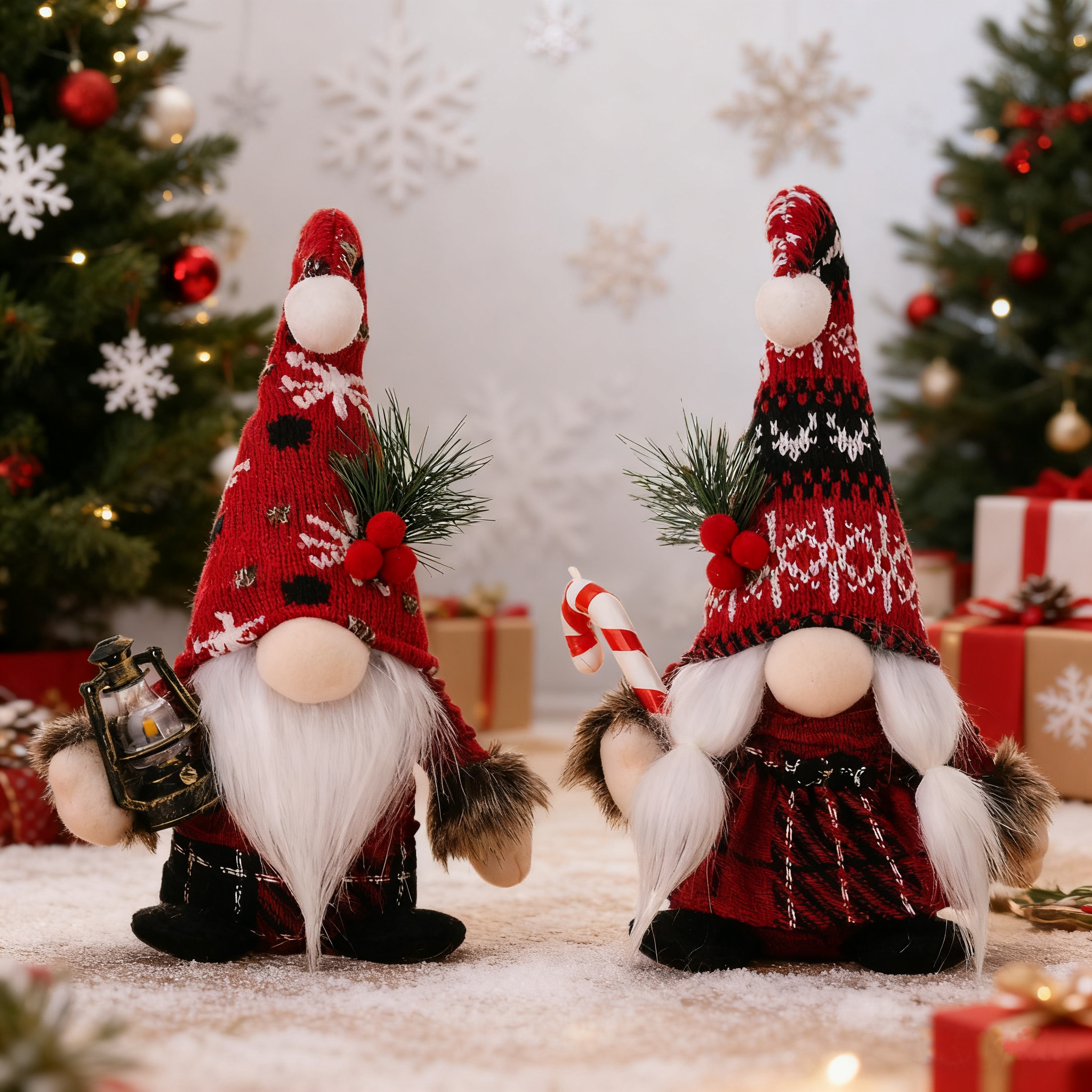 Christmas Gnome Decor - Knitted Bent Hat & Candy Cane Design Standing Figurine