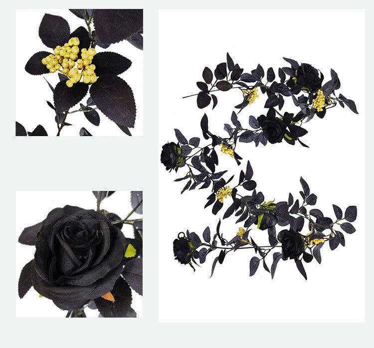 70 Inch Halloween Black Artificial Rose Leaf and Golden Berry Vine Garland, 1 Pc