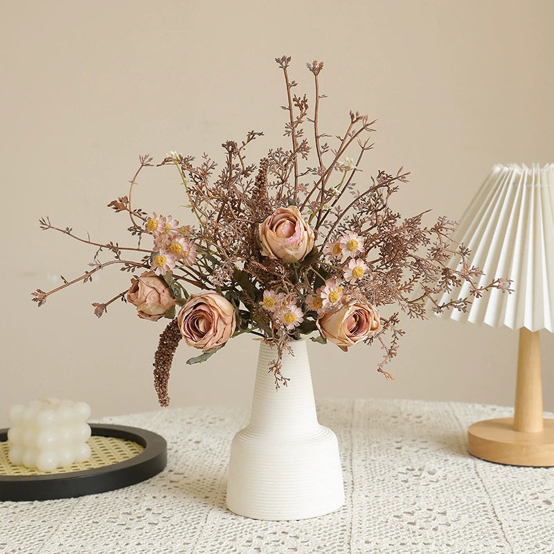 Autumn Toned Faux Dried Flower Bouquet - 14.57 Inch Vintage Rose & Daisy Arrangement for Home Table Decor