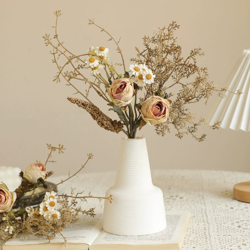 Autumn Toned Faux Dried Flower Bouquet - 14.57 Inch Vintage Rose & Daisy Arrangement for Home Table Decor