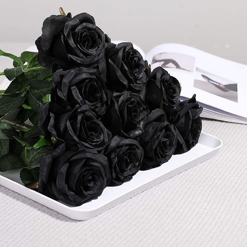 10 Pcs Black Silk Rose Bouquet 12 Inch Artificial Flowers Halloween Centerpiece Bulk