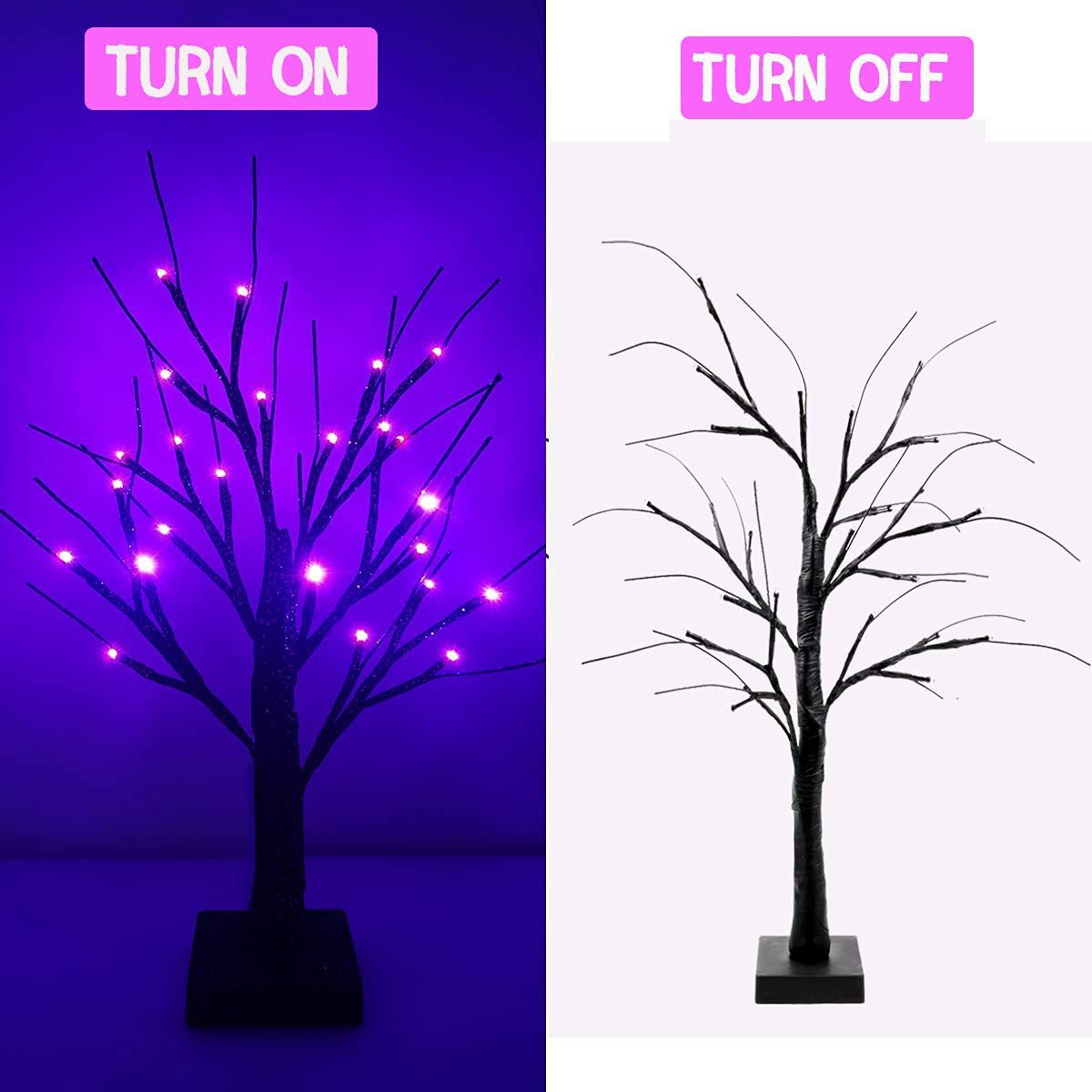 22 Inch Black Artificial Halloween Tree with 24 Purple LED Lights Bulk Quantity