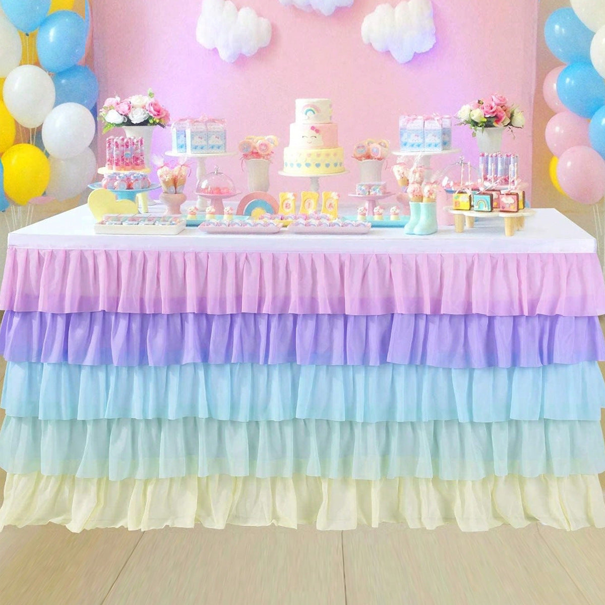 Bulk 6FT Rainbow Chiffon Ruffle Tutu Table Skirt Girls Birthday Party Baby Shower Cake Dessert Table Decor Wholesale