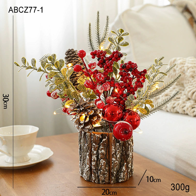 Christmas Floral Arrangement Table Decor - Artificial Flowers with Pine Cones & Red Berries in Log Pot