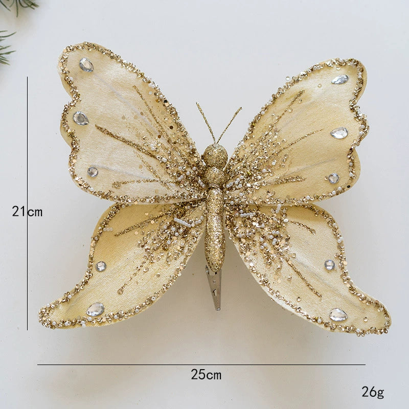 Glam Gold Glitter Butterfly Christmas Tree Ornaments - High-end Fabric & Sequin Decor